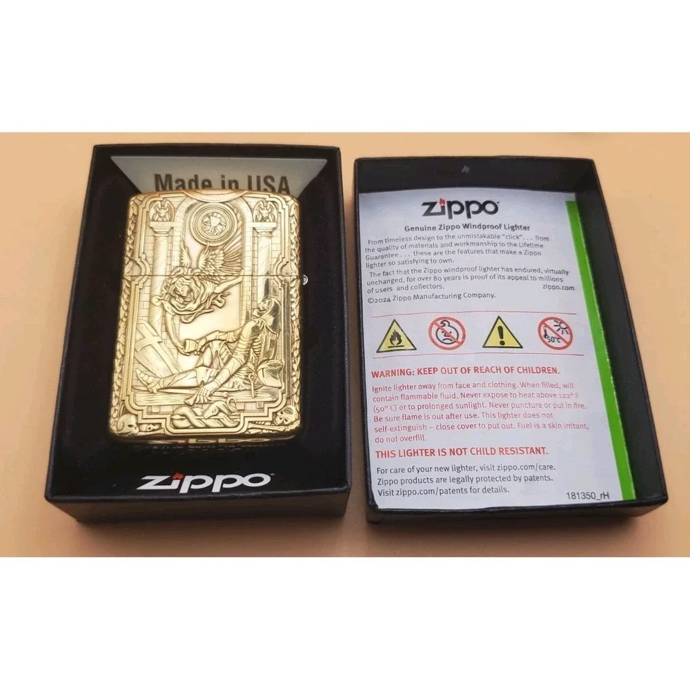 Zippo Lighter With A Two Sided Medieval King Engravings Brass Armor Case  Unused